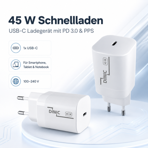 USB C бързо зарядно устройство / захранващ адаптер 45 W, Power Delivery 3.0, PPS технология, DINIC кутия с евроотвор
